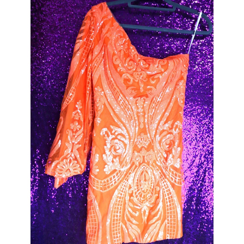 Orange Sequin Mini Dress 6 Iridescent Peach Pink Prom Homecoming Short Y2K Neon